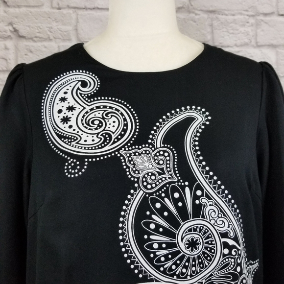 Tibi black white paisley print shift style 3/4 sleeve mini dress women's size 10 - Picture 7 of 9